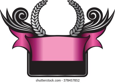 Vector richly decorated frame with a laurel triumphal wreath and pink banner.