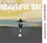 vector of a rider spreading both his hands rising  on motorcycle back pose angle which is running celebrating happy beautiful day on the road with a beautiful view of the mountains and hills on a suns