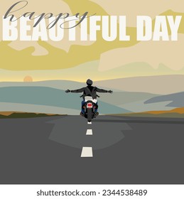 vector of a rider spreading both his hands rising  on motorcycle back pose angle which is running celebrating happy beautiful day on the road with a beautiful view of the mountains and hills on a suns