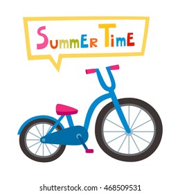 Vector riding blue bike isolated on white background. Cartoon bike for boy or girl. Concept of sport life, bikers, bicycling for child books, stickers, posters, web pages. 
