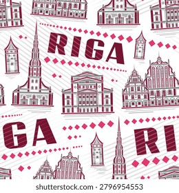 Vector Riga Seamless Pattern, urban background with detailed illustration of famous riga city scape on white backdrop for interior decor or textile, decorative line art square placard with text riga