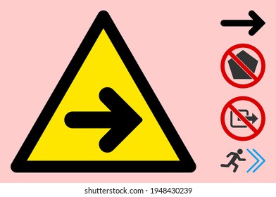 Vector right arrow flat warning sign. Triangle icon uses black and yellow colors. Symbol style is a flat right arrow hazard sign on a pink background. Icons designed for caution signals, road signs,
