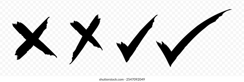 Vector right and wrong icons set in grunge effect on transparent background