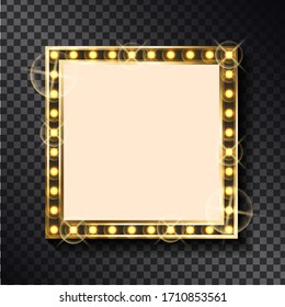 Vector right-angled sparkling border, empty banner with place for text. Square glittering frame with neon light bulbs isolated on transparent background.