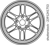 VECTOR RIMS BW BLACK AND WHITE EDITABLE ICON BADGE SIMILAR LIKE ENKEI RPF 2D VECTOR FLAT IMAGE SIX SPOKE WHEELS. Automotive car wheel illustration for logo, sticker, t shirt clothes, icon, badge monoc