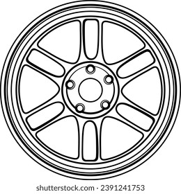 VECTOR RIMS BW BLACK AND WHITE EDITABLE ICON BADGE SIMILAR LIKE ENKEI RPF 2D VECTOR FLAT IMAGE SIX SPOKE WHEELS. Automotive car wheel illustration for logo, sticker, t shirt clothes, icon, badge monoc