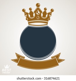 Vector ring with 3d imperial crown and festive ribbon, luxury coat of arms. Heraldic symbol, best for graphic and web design.