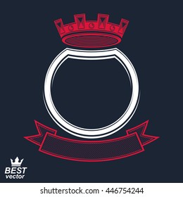 Vector ring with 3d imperial crown and festive ribbon, luxury coat of arms. Heraldic symbol, best for graphic and web design. Monarch theme