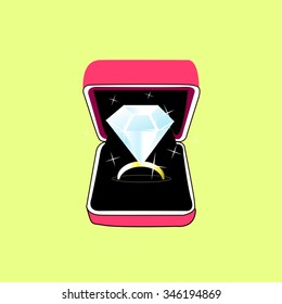 Vector Ring in box. Jewelry for weddings and engagements. I love you. diamond ring. illustration for Valentines day