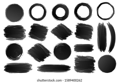 Vector ring, circle and shapes watercolor texture set black color isolated on white background for painting, logo, emblem, label. Hand draw grunge stripes circle. 10 eps