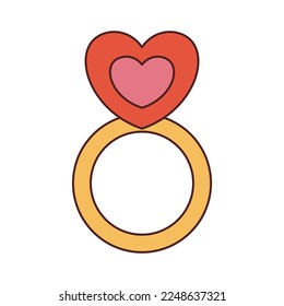 Vector ring with heart in retro style. Groovy jewelry 70s 90s. Y2k illustration with heart shaped ring in flat design.