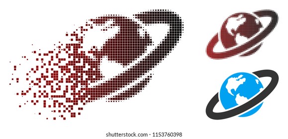 Vector ringed planet icon in dispersed, pixelated halftone and undamaged solid versions. Disintegration effect uses square sparks and horizontal gradient from red to black.