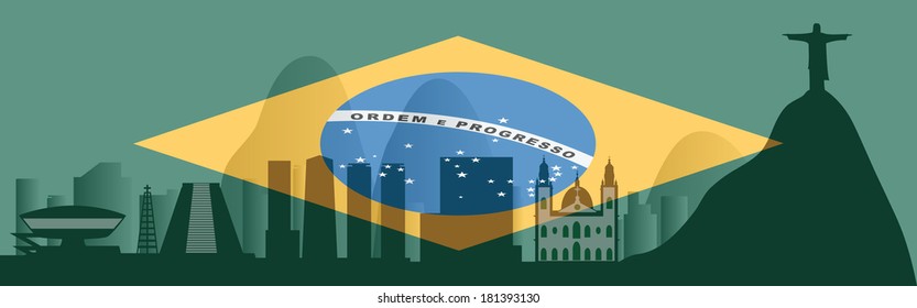 Vector Rio de Janeiro skyline with flag