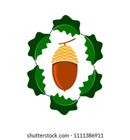 Vector Ripe Acorn Icon Isolated on White Background. Autumn Oak Nut and Leaves Logo