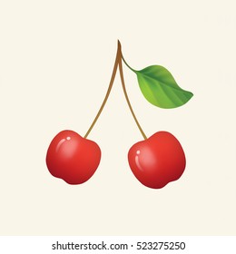 Vector ripe cherry. Two sweet cherries with green leaf, vector illustration