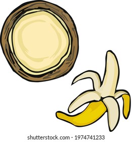 Vector ripe fruit banana and coconut, half of coconut, vector fruits, pilled banana