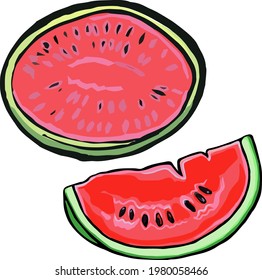 Vector ripe fruit hand drawn watermellow, half of watermellon, fruits clip art