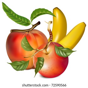 Vector ripe peach, apple and banana.