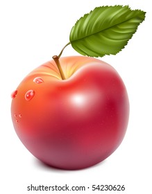 Vector. Ripe red apple with water drops.