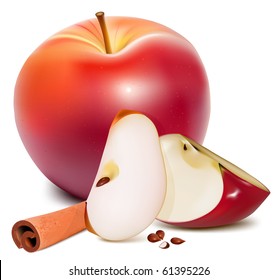 Vector. Ripe red apples with green leaves and cinnamon.