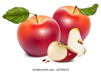 Vector. Ripe red apples with green leaves.