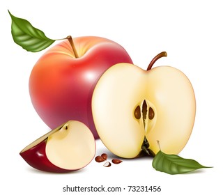 Vector. Ripe red apples with green leaves.