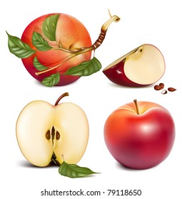 Vector. Ripe red apples with green leaves.