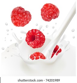 Vector. Ripe red raspberries falling into the milky splash