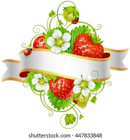 Vector ripe strawberry and ribbon for your text isolated on white background