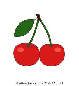 Vector ripe two cherries with a leaf. Image with a contour along the perimeter
