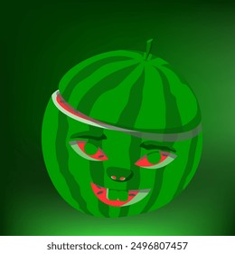 Vector ripe watermelon with a cheerful face and a cap