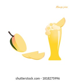 Vector ripe yellow mango with green leave and slice and glass of mango smoothie topping with  some piece tropical fruit drawing on white
