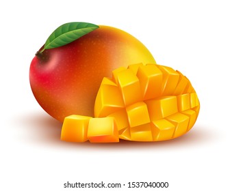 Vector ripe yellow, orange, red whole and sliced mango cubes with leaf isolated on white background