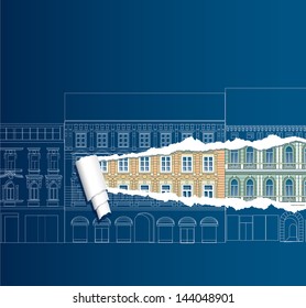 vector ripped blueprint with old city european houses