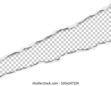 Vector ripped diagonal long hole in sheet of white paper with transparent resulting background. Template paper design.