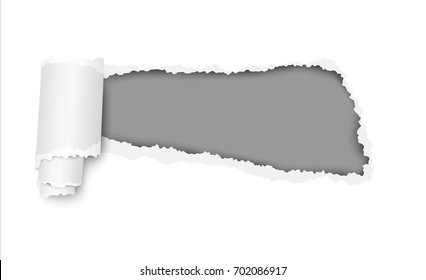 Vector ripped hole in white sheet of paper with soft shadow and gray background in the resulting window