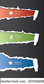 Vector ripped paper background with education icons.