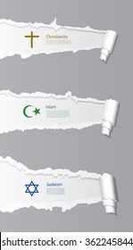 Vector ripped paper background with religion icons.