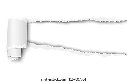 Vector ripped white sheet of paper with soft shadow and paper curl