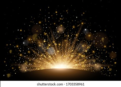 Vector rising sun light effect with rays, stars and sparkles with bokeh. Realistic design element soft half fireworks with glitter splatter elements. Vector isolated on plaid vector background