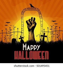 Vector rising zombie hand in cemetery, halloween background illustration, party invitation