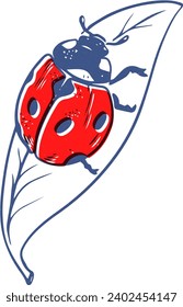 Vector riso print style ladybug red crawling on leaf black lineart isolated on white background