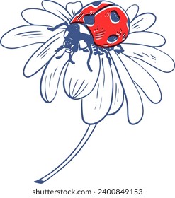 Vector risograph effect style red ladybug on daisy flower illustration black lineart isolated on white background