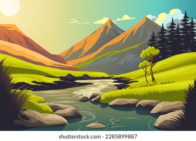 Vector river morning sunrise afternoon sunset mountain forest scenery landscape illustration