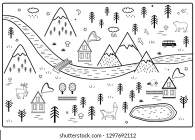 Vector River, Mountains and Woods Adventure Map with Houses and Animals. Scandinavian Style Art Nursery Monochrome Door or Wall Mat