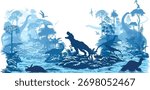 vector river in rainforest jungle with dinosaurs: t-rex, patagotitan, neovenator, styracosaurus, utahraptor, spynosaurus, ankylosaurus, triceratops, tyrannosaurus, carnotaurus, deinocheirus