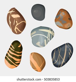 Vector river stones isolated on white background. Different shapes sea rock pebbles