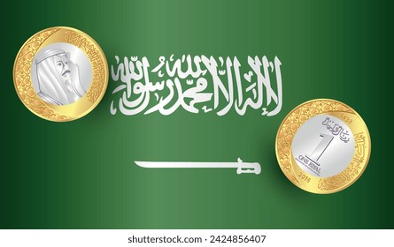 Vector Riyal coin of Saudi Arabia. Back side illustration drawing isolated with the UAE flag. Vector illustration.