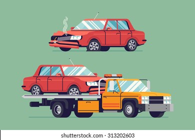 Vector Road Accident Damaged Broken Red Sedan Car Standing Isolated On Ground And On Flatbed Towing Truck