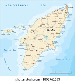 vector road and beach map of the greek mediterranean island of Rhodes